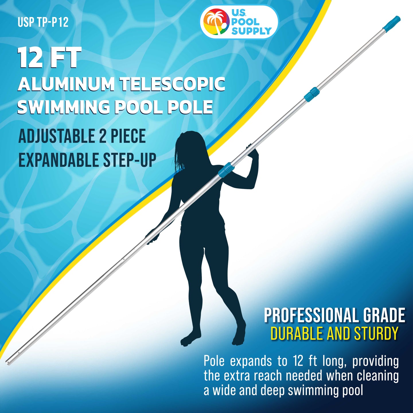 Professional 12-Foot Aluminum Telescopic Swimming Pool Pole, Adjustable 2 Piece Expandable Step-Up Length