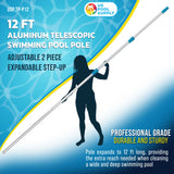 Professional 12-Foot Aluminum Telescopic Swimming Pool Pole, Adjustable 2 Piece Expandable Step-Up Length