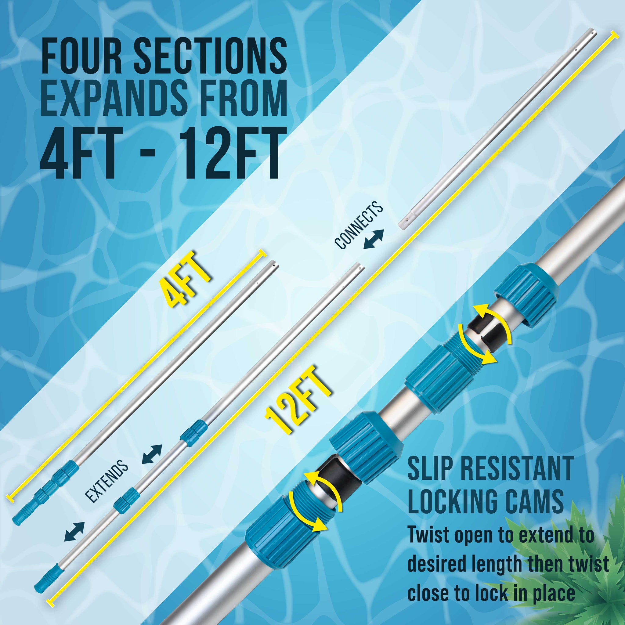 Professional 12-Foot Aluminum Telescopic Swimming Pool Pole, Adjustable 2 Piece Expandable Step-Up Length