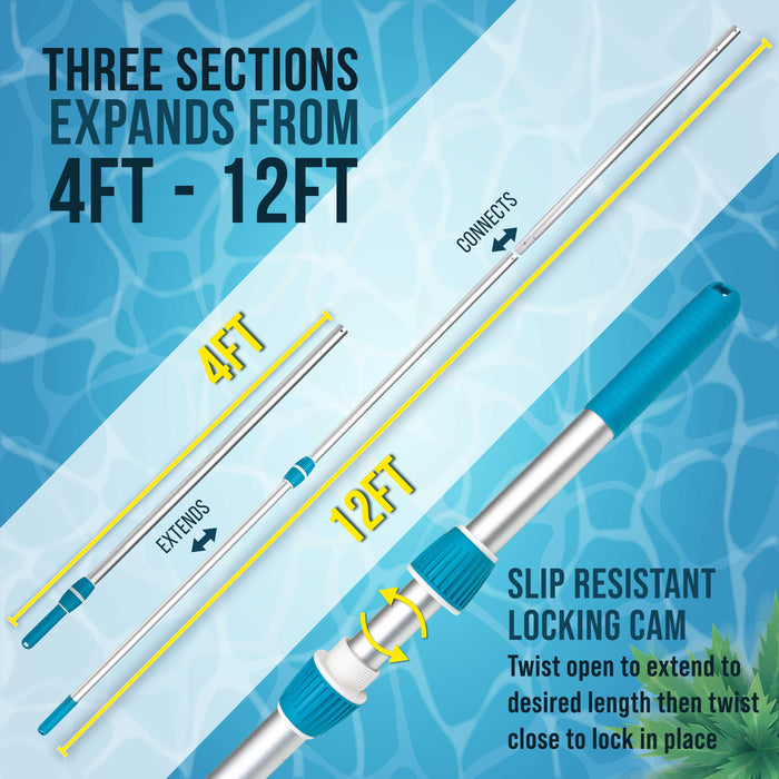 U.S. Pool Supply Professional 12-Foot Aluminum Telescopic Swimming Pool Pole, 3 Piece Expandable Step-Up - Twist Locking Cams, Attach Skimmer Nets