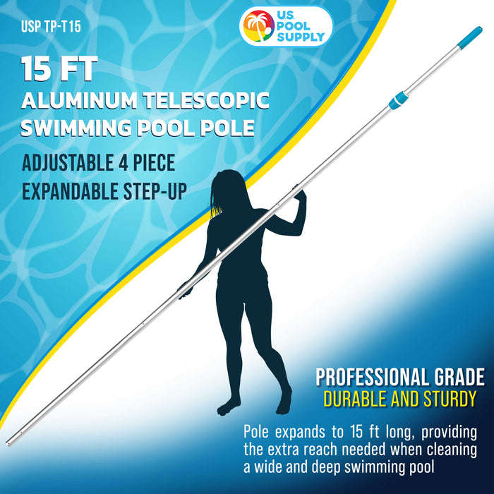 U.S. Pool Supply Professional 15-Foot Aluminum Telescopic Swimming Pool Pole, 4 Piece Expandable Step-Up - Twist Locking Cams, Attach Skimmer Nets