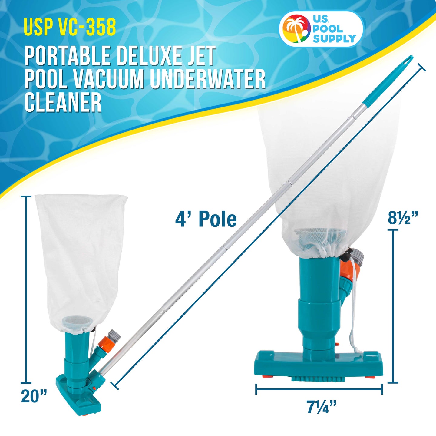 Portable Deluxe Jet Pool Vacuum Underwater Cleaner with Pole, Brushes, Leaf Bag, Telescopic Pole Attachment - Above Ground Pools Spas