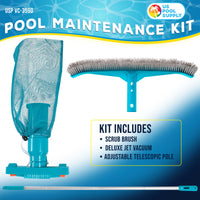 Deluxe Swimming Pool Maintenance Kit with Deluxe Jet Vacuum, 16" Floor & Wall Scrub Brush, Adjustable Telescopic Pole - Remove Debris