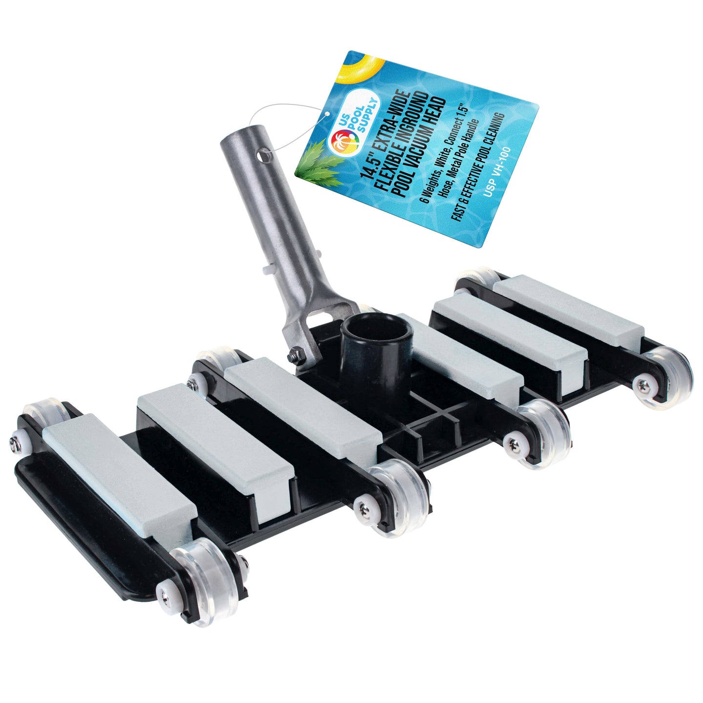 Manual Pool Vacuum Head for Inground Pools, Flexible, Extra-Wide, Weighted - 6 Weights, Connect 1.5" Hose, Metal Pole Handle - Swimming Cleaning Accessory Attachment, Vac Clean Debris