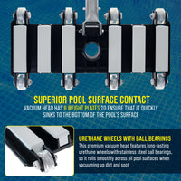 Manual Pool Vacuum Head for Inground Pools, Flexible, Extra-Wide, Weighted - 6 Weights, Connect 1.5" Hose, Metal Pole Handle - Swimming Cleaning Accessory Attachment, Vac Clean Debris