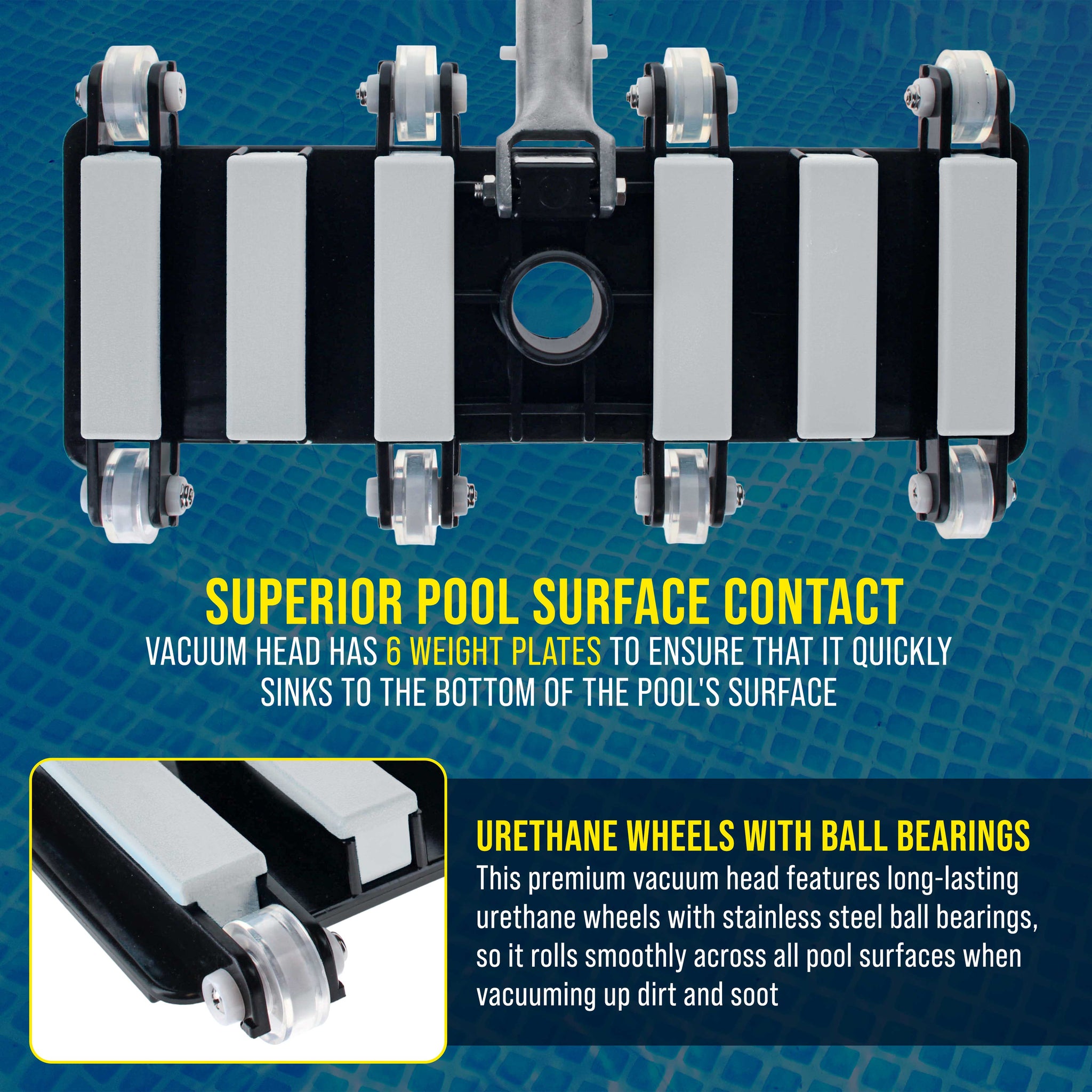 Manual Pool Vacuum Head for Inground Pools, Flexible, Extra-Wide, Weighted - 6 Weights, Connect 1.5" Hose, Metal Pole Handle - Swimming Cleaning Accessory Attachment, Vac Clean Debris