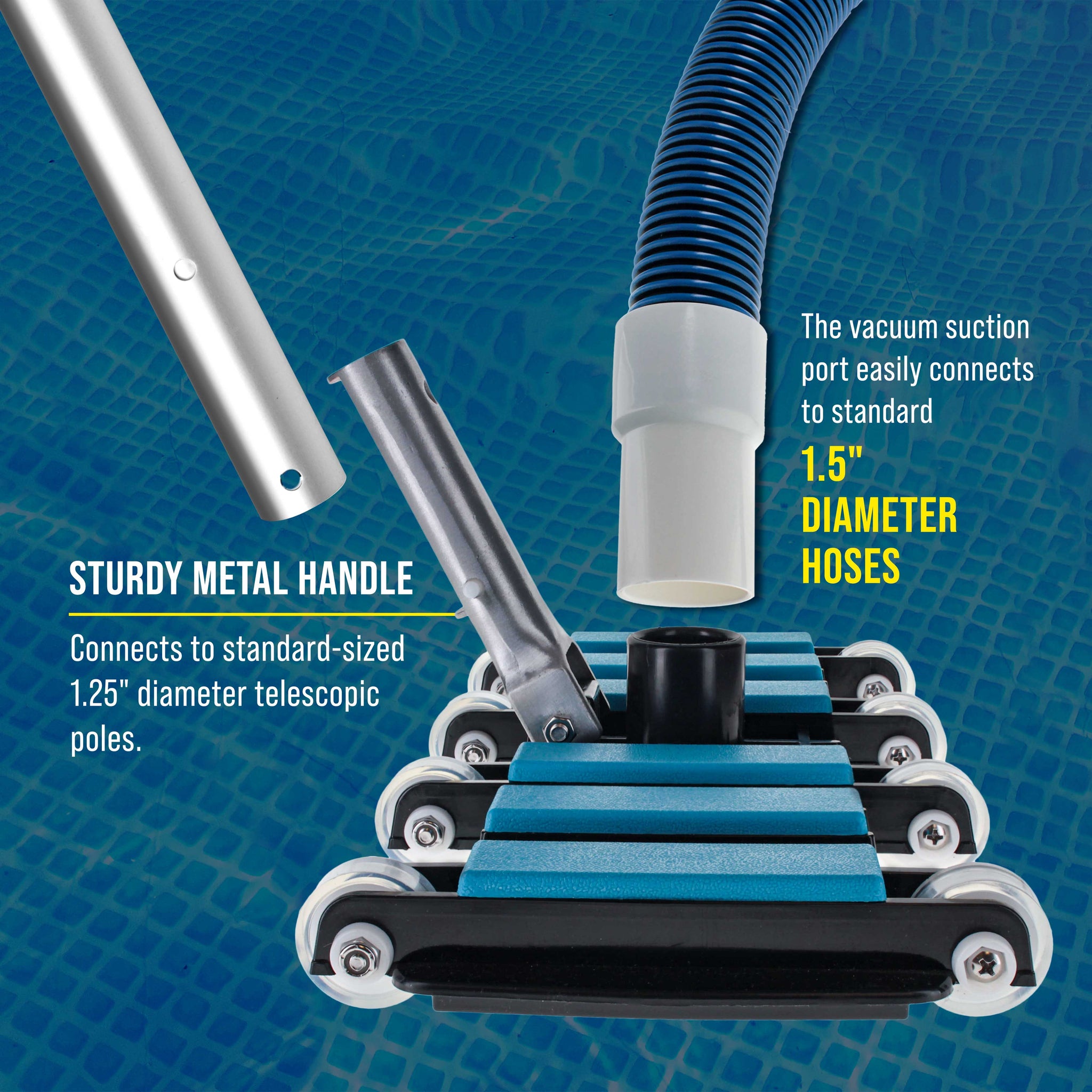 Manual Pool Vacuum Head for Inground Pools, Flexible, Extra-Wide, Weighted - 6 Weights, Blue, Connect 1.5" Hose, Metal Pole Handle - Swimming Cleaning Accessory Attachment, Vac Debris