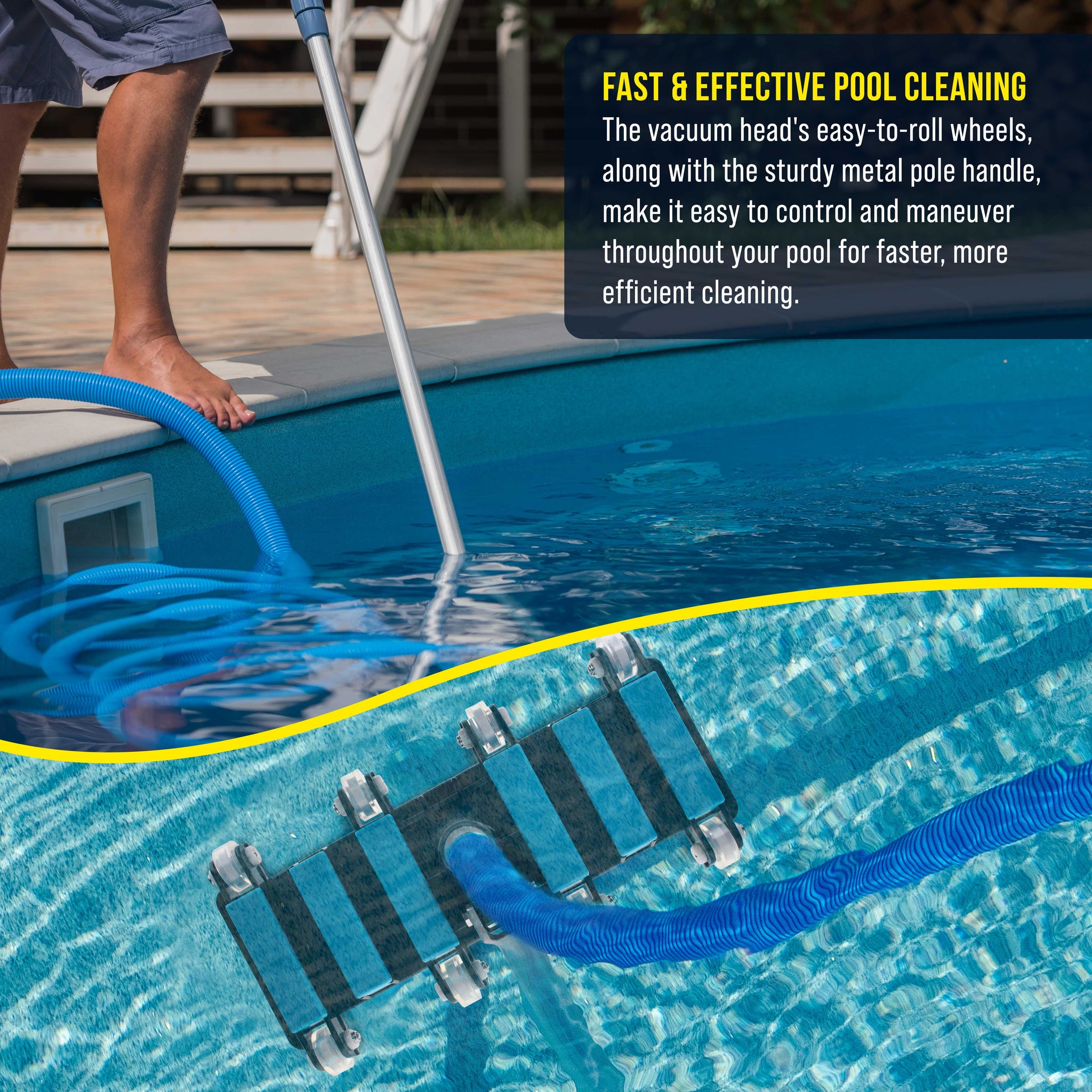 Manual Pool Vacuum Head for Inground Pools, Flexible, Extra-Wide, Weighted - 6 Weights, Blue, Connect 1.5" Hose, Metal Pole Handle - Swimming Cleaning Accessory Attachment, Vac Debris