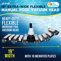 19" Manual Pool Vacuum Head for Inground Pools, Flexible, Extra-Wide, Weighted - Heavy-Duty, 10 Weights, 7 Lbs, Connect 1.5" Hose, Swivel Direction-Control Metal Pole Handle