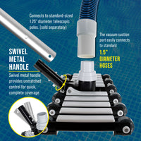 19" Manual Pool Vacuum Head for Inground Pools, Flexible, Extra-Wide, Weighted - Heavy-Duty, 10 Weights, 7 Lbs, Connect 1.5" Hose, Swivel Direction-Control Metal Pole Handle