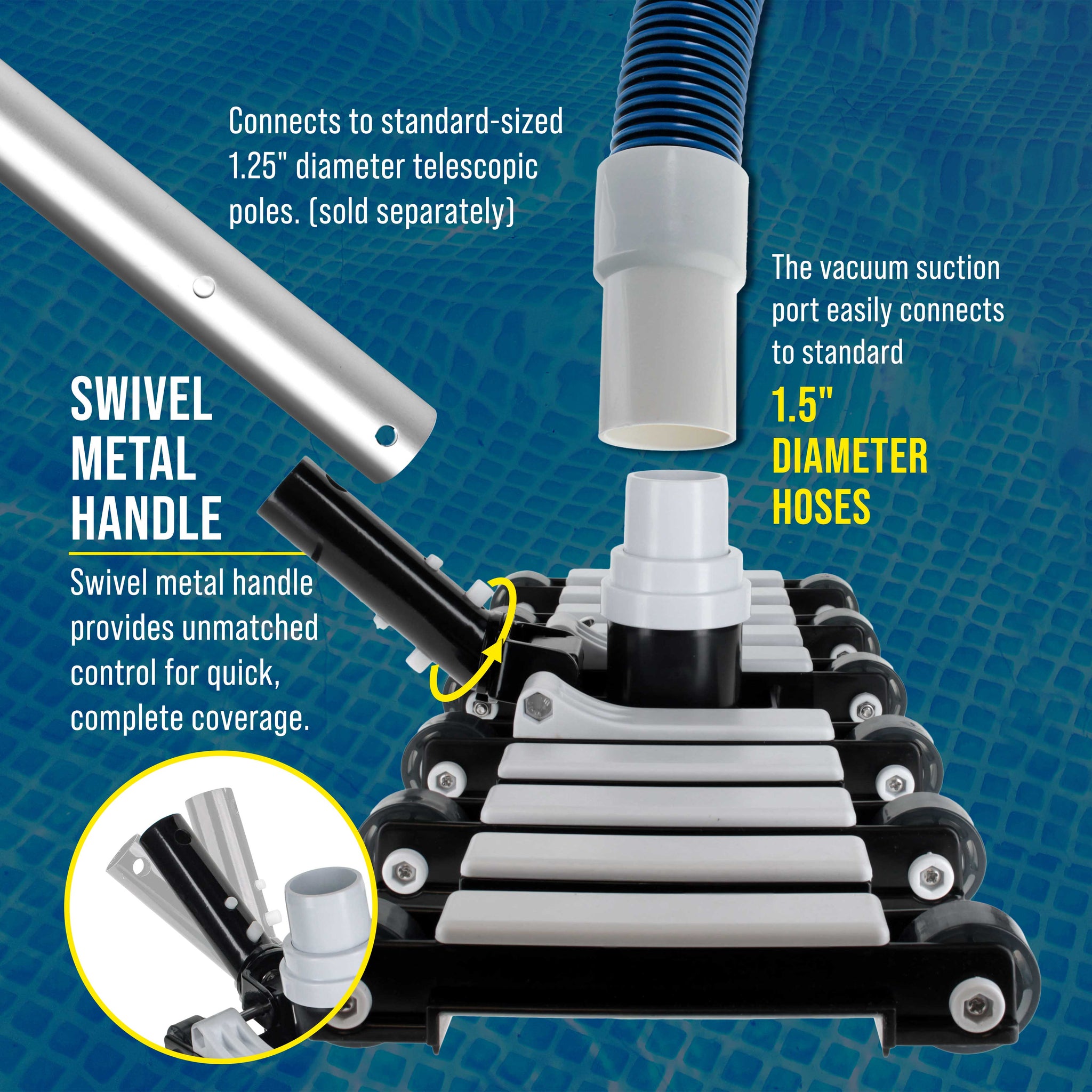 19" Manual Pool Vacuum Head for Inground Pools, Flexible, Extra-Wide, Weighted - Heavy-Duty, 10 Weights, 7 Lbs, Connect 1.5" Hose, Swivel Direction-Control Metal Pole Handle