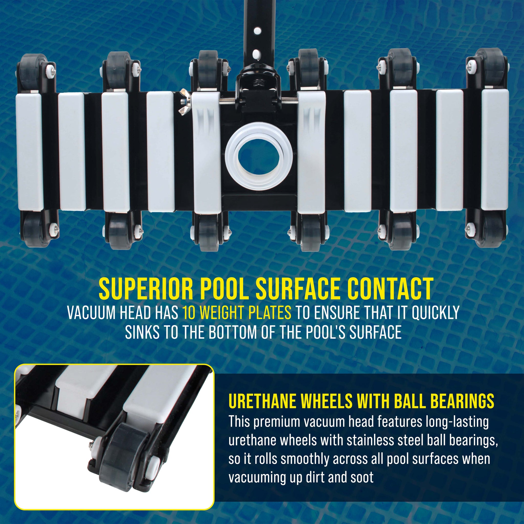 19" Manual Pool Vacuum Head for Inground Pools, Flexible, Extra-Wide, Weighted - Heavy-Duty, 10 Weights, 7 Lbs, Connect 1.5" Hose, Swivel Direction-Control Metal Pole Handle