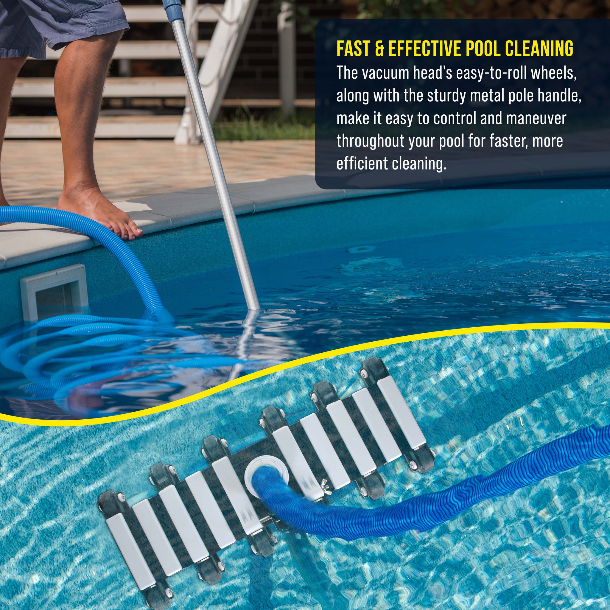 19" Manual Pool Vacuum Head for Inground Pools, Flexible, Extra-Wide, Weighted - Heavy-Duty, 10 Weights, 7 Lbs, Connect 1.5" Hose, Swivel Direction-Control Metal Pole Handle