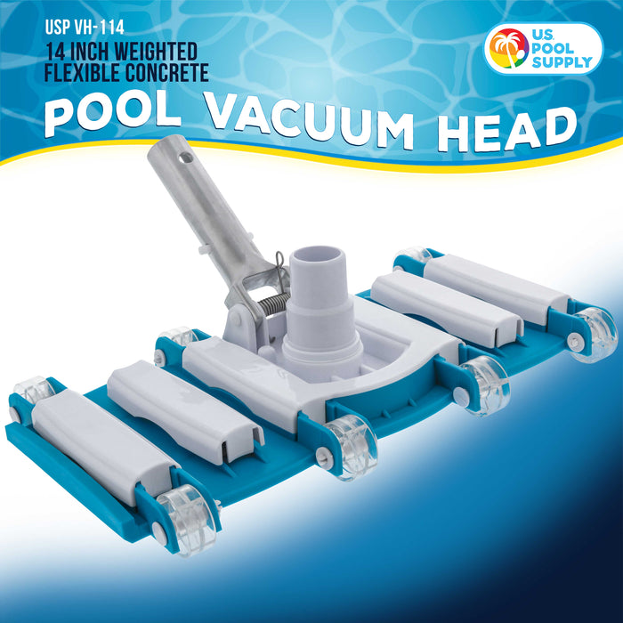 U.S. Pool Supply® 14" Weighted Flexible Concrete Swimming Pool Vacuum Head, Swivel Hose Connection & Aluminum Spring Action Pole Handle - Connect 1-1/4" or 1-1/2" Hose