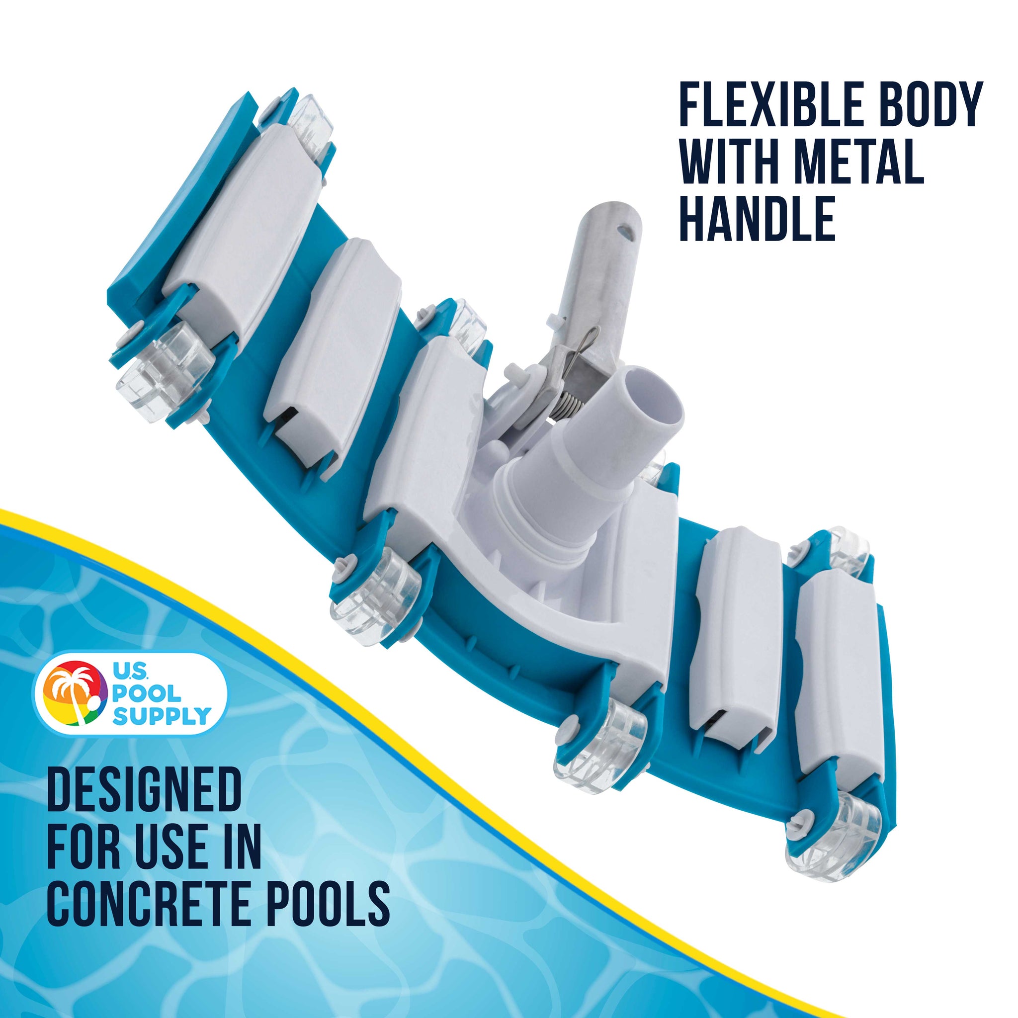 14" Weighted Flexible Concrete Swimming Pool Vacuum Head, Swivel Hose Connection & Aluminum Spring Action Pole Handle - Connect 1-1/4" or 1-1/2" Hose