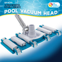 14" Manual Pool Vacuum Head for Inground Pools, Flexible, Weighted - 6 Weights, Swivel Hose Connection 1.25" or 1.5", Aluminum Handle