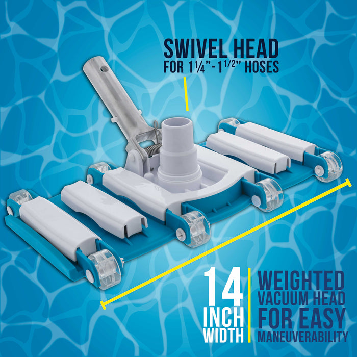 U.S. Pool Supply 14" Manual Pool Vacuum Head for Inground Pools, Flexible, Weighted - 6 Weights, Swivel Hose Connection 1.25" or 1.5", Aluminum Handle