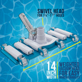 14" Manual Pool Vacuum Head for Inground Pools, Flexible, Weighted - 6 Weights, Swivel Hose Connection 1.25" or 1.5", Aluminum Handle