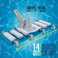 14" Manual Pool Vacuum Head for Inground Pools, Flexible, Weighted - 6 Weights, Swivel Hose Connection 1.25" or 1.5", Aluminum Handle
