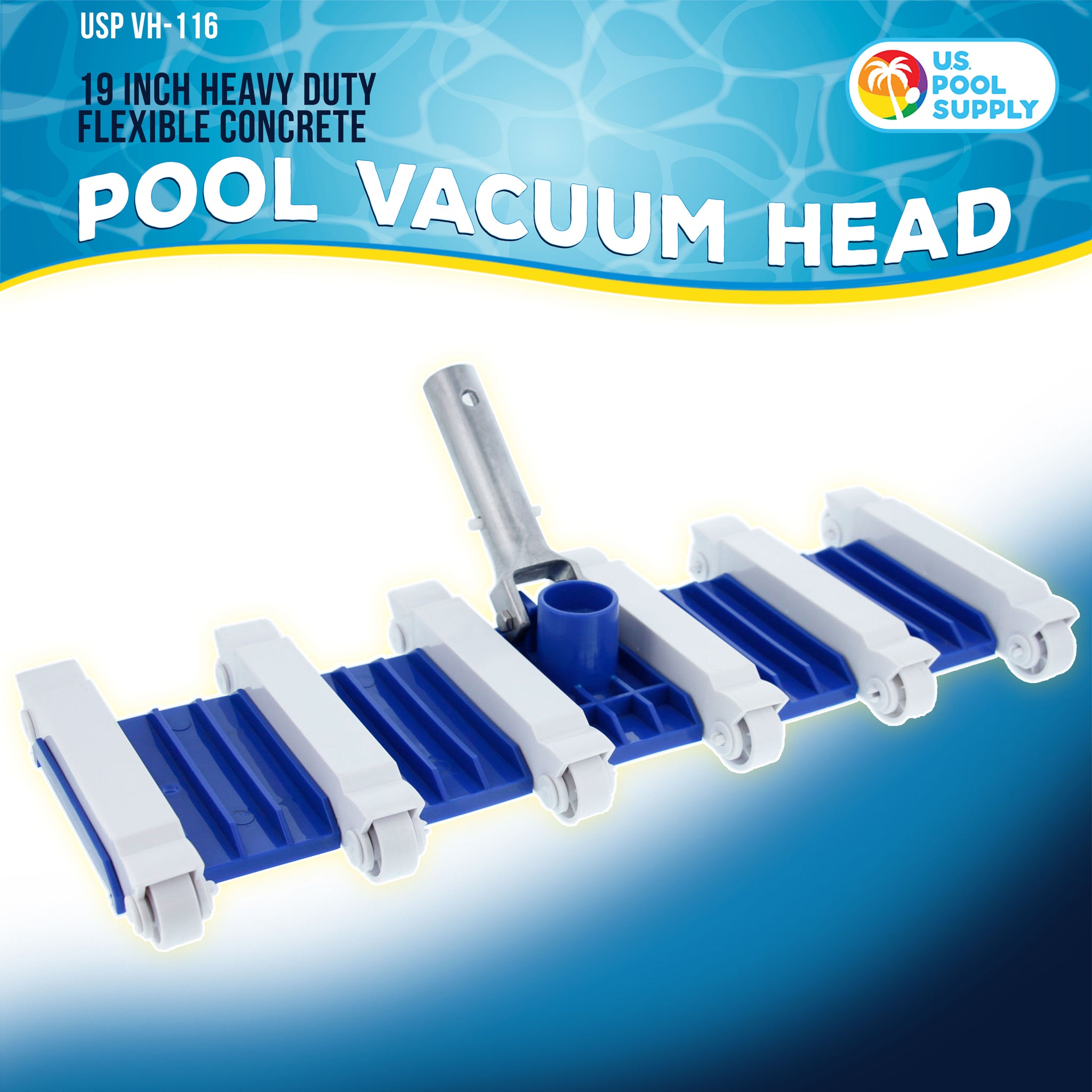 U.S. Pool Supply® 19" Heavy Duty Weighted Flexible Concrete Swimming Pool Vacuum Head, 1-1/2" Hose Connection and Aluminum Pole Handle - Remove Debris Clean Pool Floor