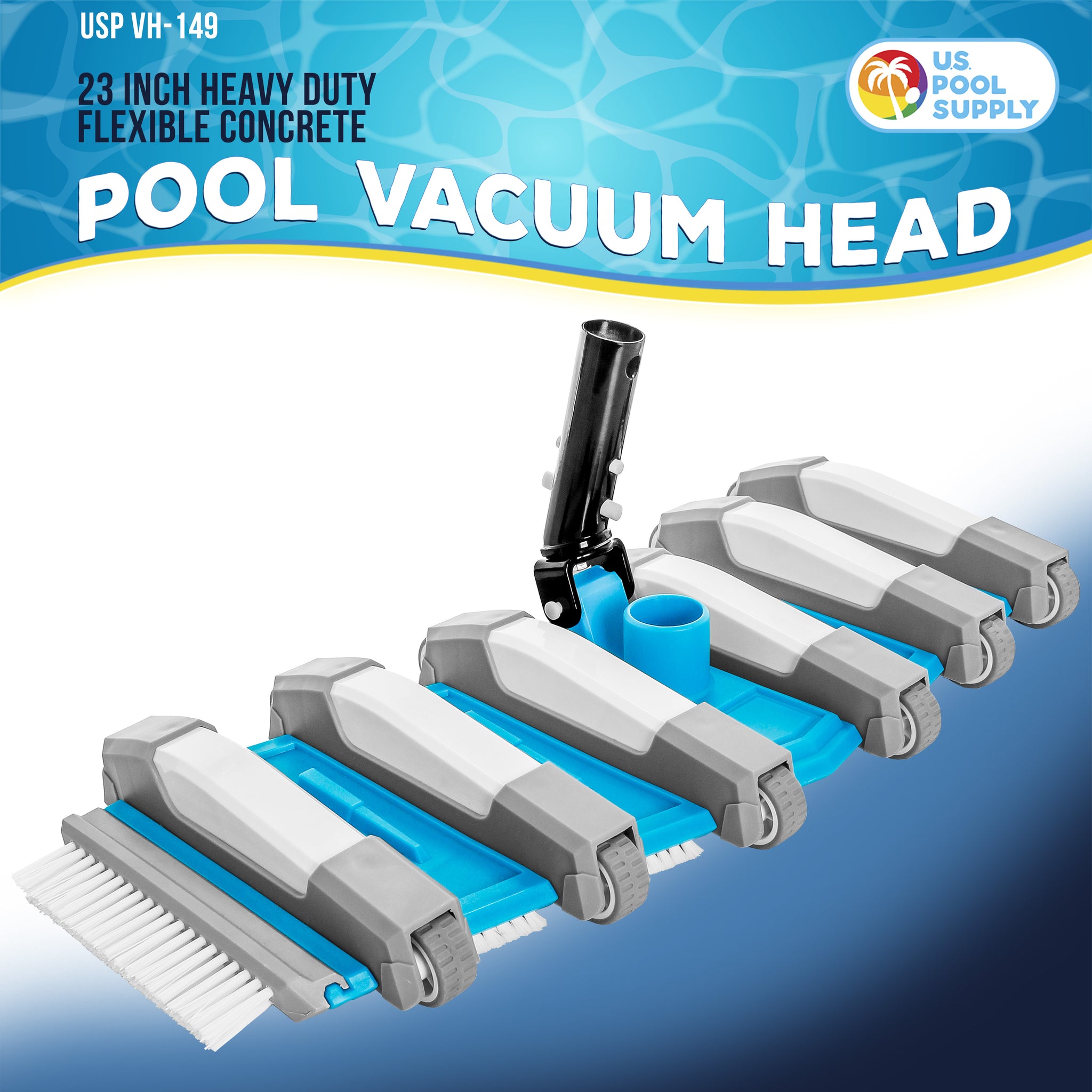 19" Heavy Duty Weighted Flexible Concrete Swimming Pool Vacuum Head with Side Brushes and Metal EZ Clip Handle - Professional Commercial Grade