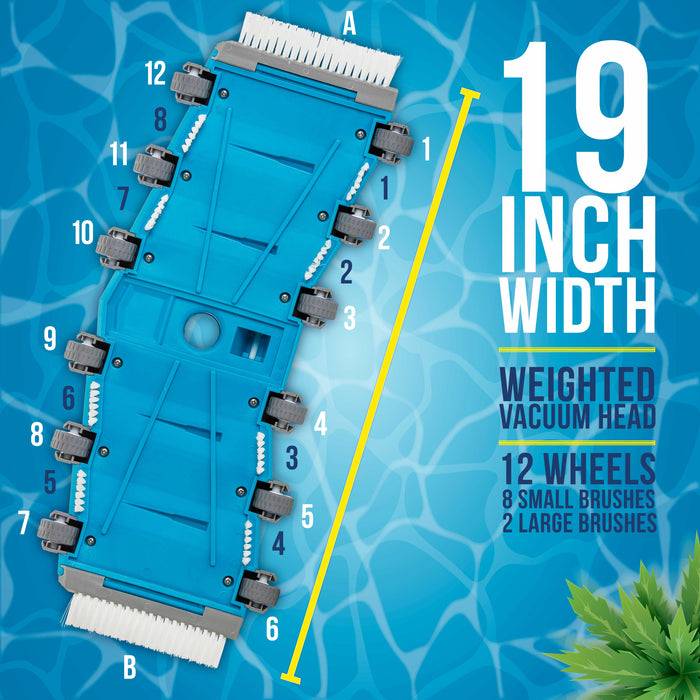 U.S. Pool Supply® 19" Heavy Duty Weighted Flexible Concrete Swimming Pool Vacuum Head with Side Brushes and Metal EZ Clip Handle - Professional Commercial Grade
