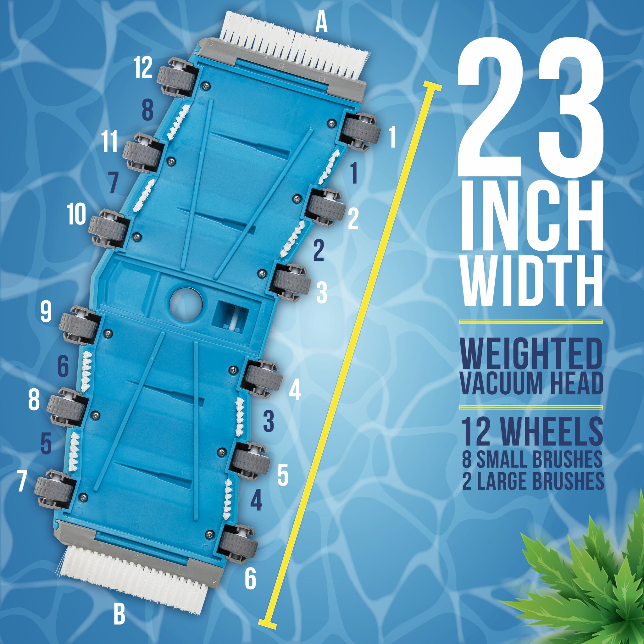 19" Heavy Duty Weighted Flexible Concrete Swimming Pool Vacuum Head with Side Brushes and Metal EZ Clip Handle - Professional Commercial Grade
