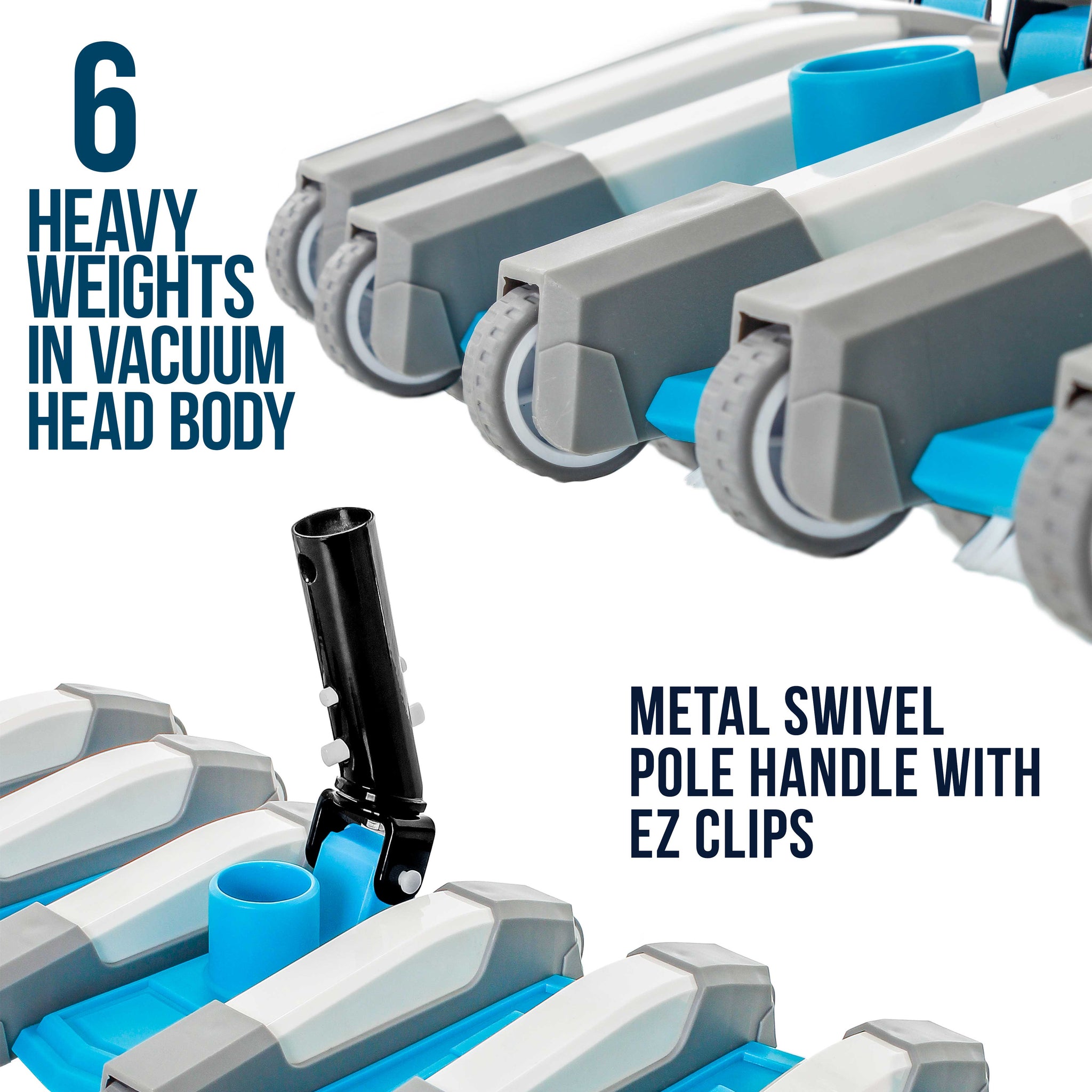 19" Heavy Duty Weighted Flexible Concrete Swimming Pool Vacuum Head with Side Brushes and Metal EZ Clip Handle - Professional Commercial Grade