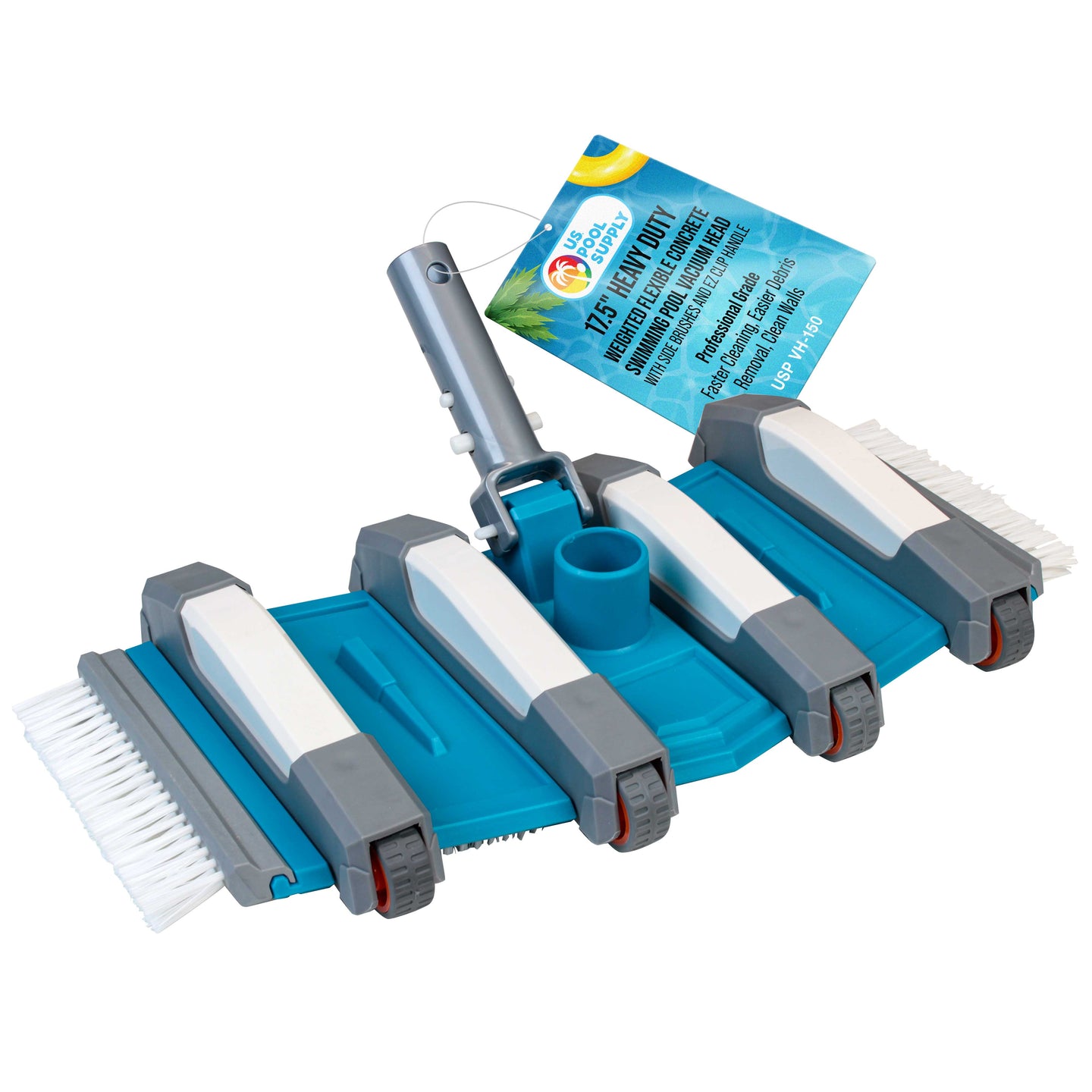 17.5" Heavy Duty Weighted Flexible Concrete Swimming Pool Vacuum Head with Side Brushes and EZ Clip Handle - Cleaning, Debris Removal