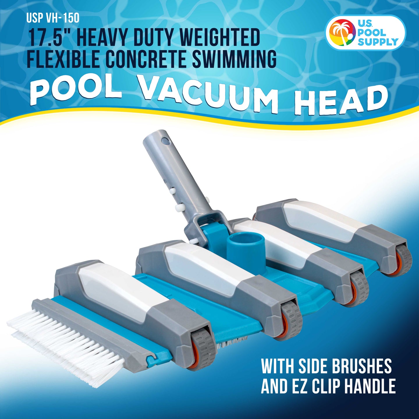 17.5" Heavy Duty Weighted Flexible Concrete Swimming Pool Vacuum Head with Side Brushes and EZ Clip Handle - Cleaning, Debris Removal