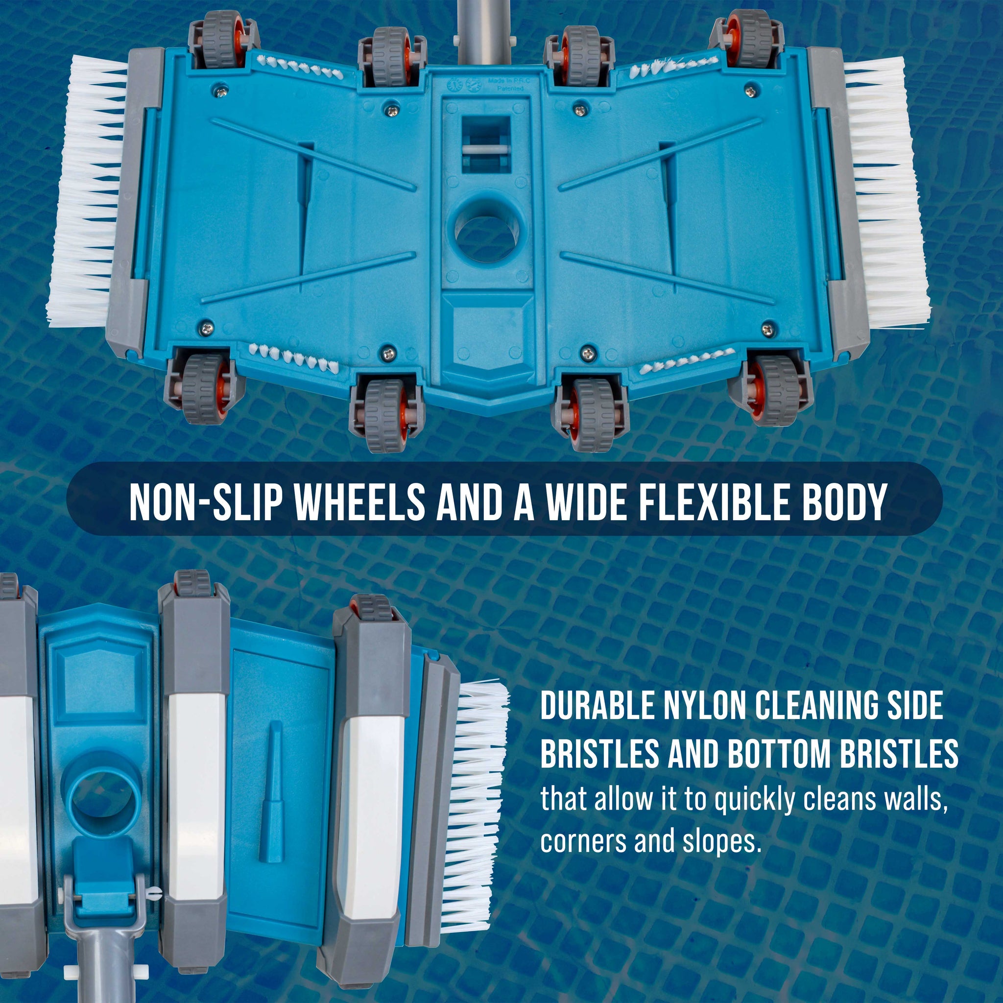 17.5" Heavy Duty Weighted Flexible Concrete Swimming Pool Vacuum Head with Side Brushes and EZ Clip Handle - Cleaning, Debris Removal