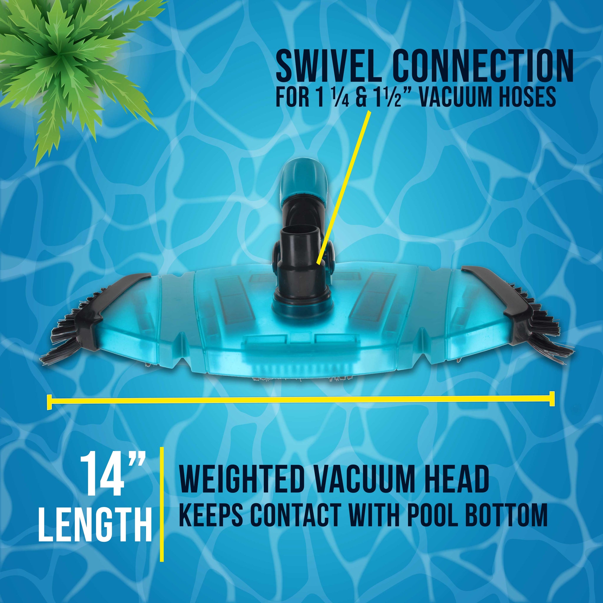 Professional 14" Rectangular Weighted Super Flexible Swimming Pool Vacuum Head with Side Brushes, Swivel Connection, Above & Inground