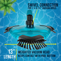 Professional 13" Triangular Weighted Super Flexible Swimming Pool Vacuum Head with Side Brushes, Swivel Connection - Above & Inground