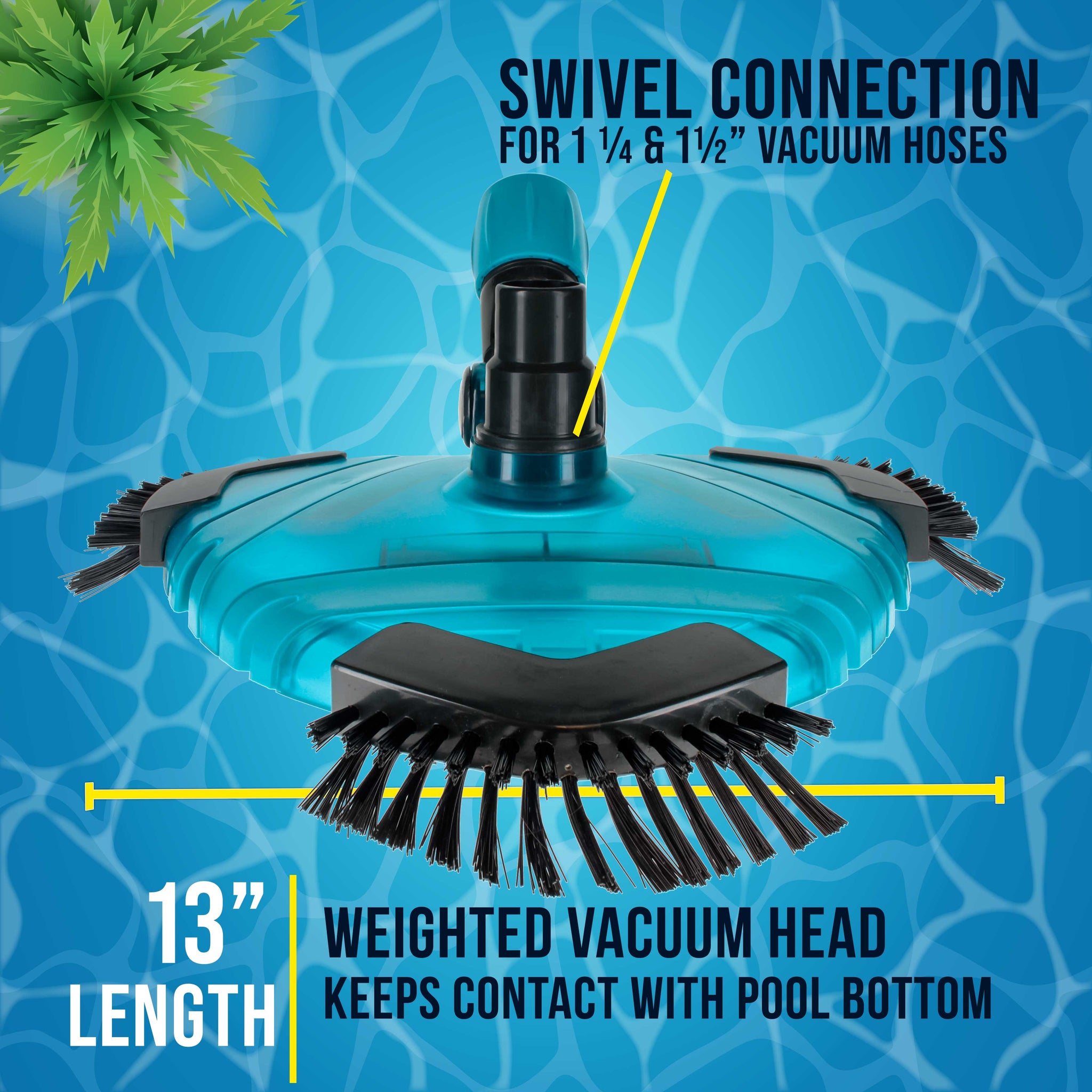 Professional 13" Triangular Weighted Super Flexible Swimming Pool Vacuum Head with Side Brushes, Swivel Connection - Above & Inground
