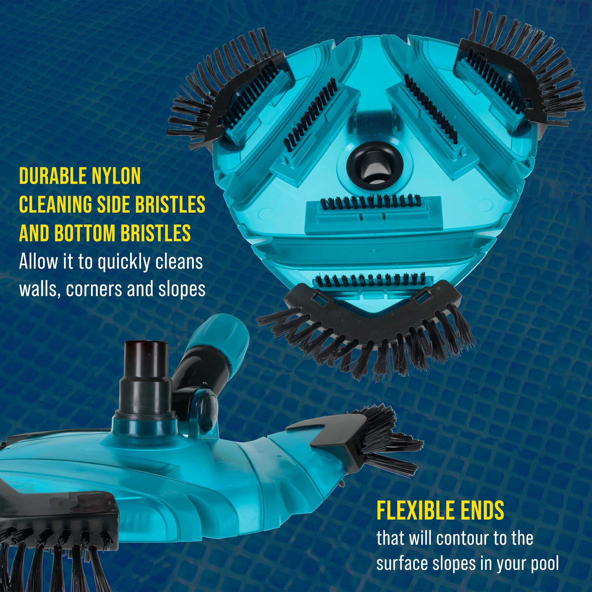 Professional 13" Triangular Weighted Super Flexible Swimming Pool Vacuum Head with Side Brushes, Swivel Connection - Above & Inground
