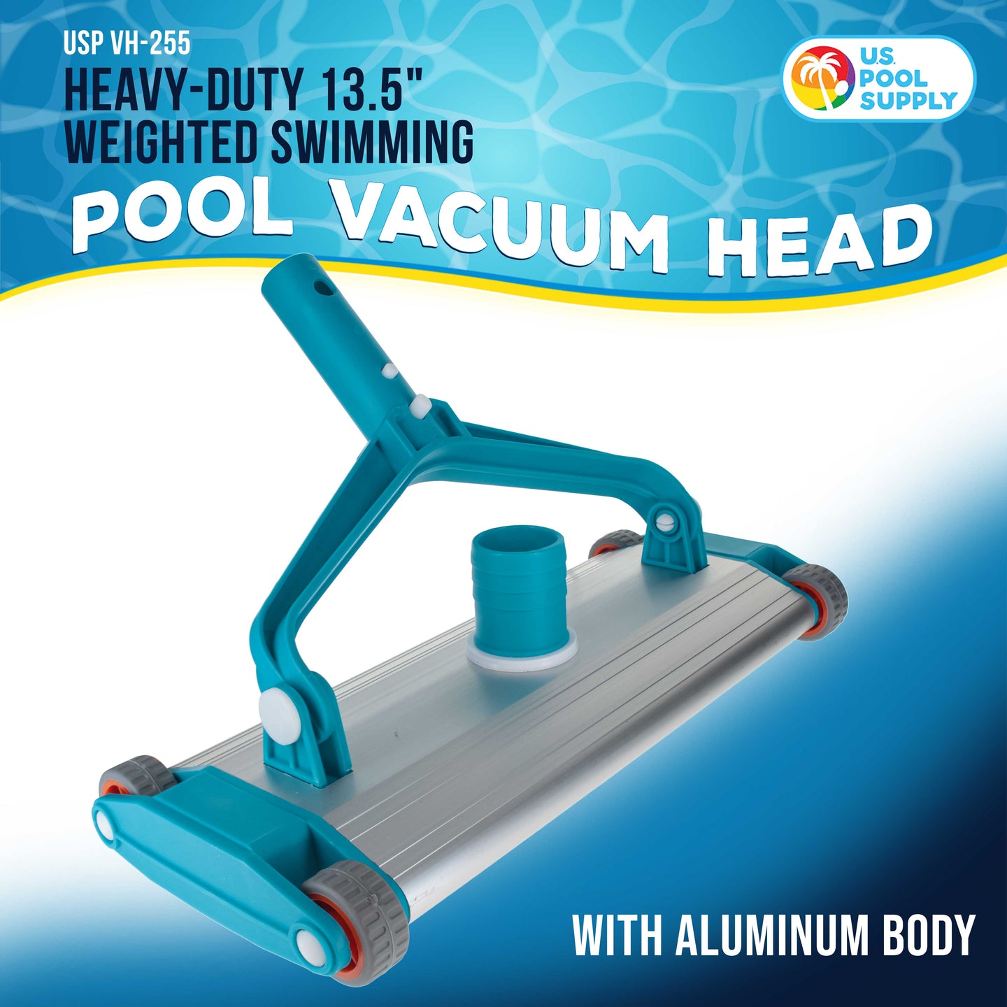 U.S. Pool Supply Heavy-Duty 13.5" Weighted Pool Vacuum Head with Aluminum Body - Manual Inground Vacuum Head, Scrub Bristles, 1-1/2" Swivel Hose Connection
