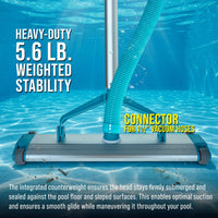 Heavy-Duty 17.5" Weighted Pool Vacuum Head with Aluminum Body - 5.6 lb Manual Inground Vacuum Head, Scrub Bristles, 1-1/2" Swivel Hose Connection