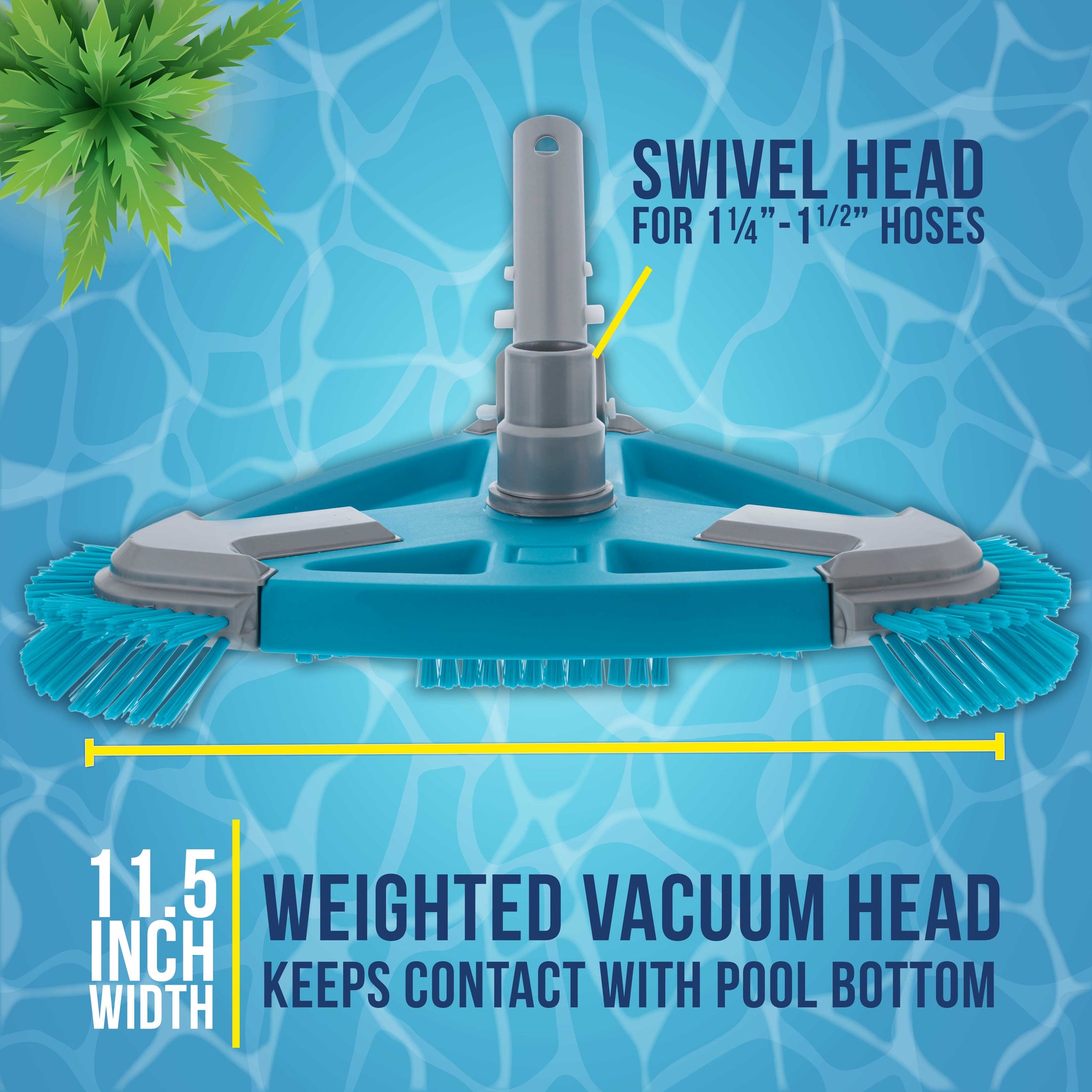 Deluxe Weighted Triangular Pool Vacuum Head with Side Brushes, Swivel Connection, EZ Clip Handle - For Above Ground & In-ground Pools