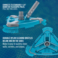 Deluxe Weighted Triangular Pool Vacuum Head with Side Brushes, Swivel Connection, EZ Clip Handle - For Above Ground & In-ground Pools