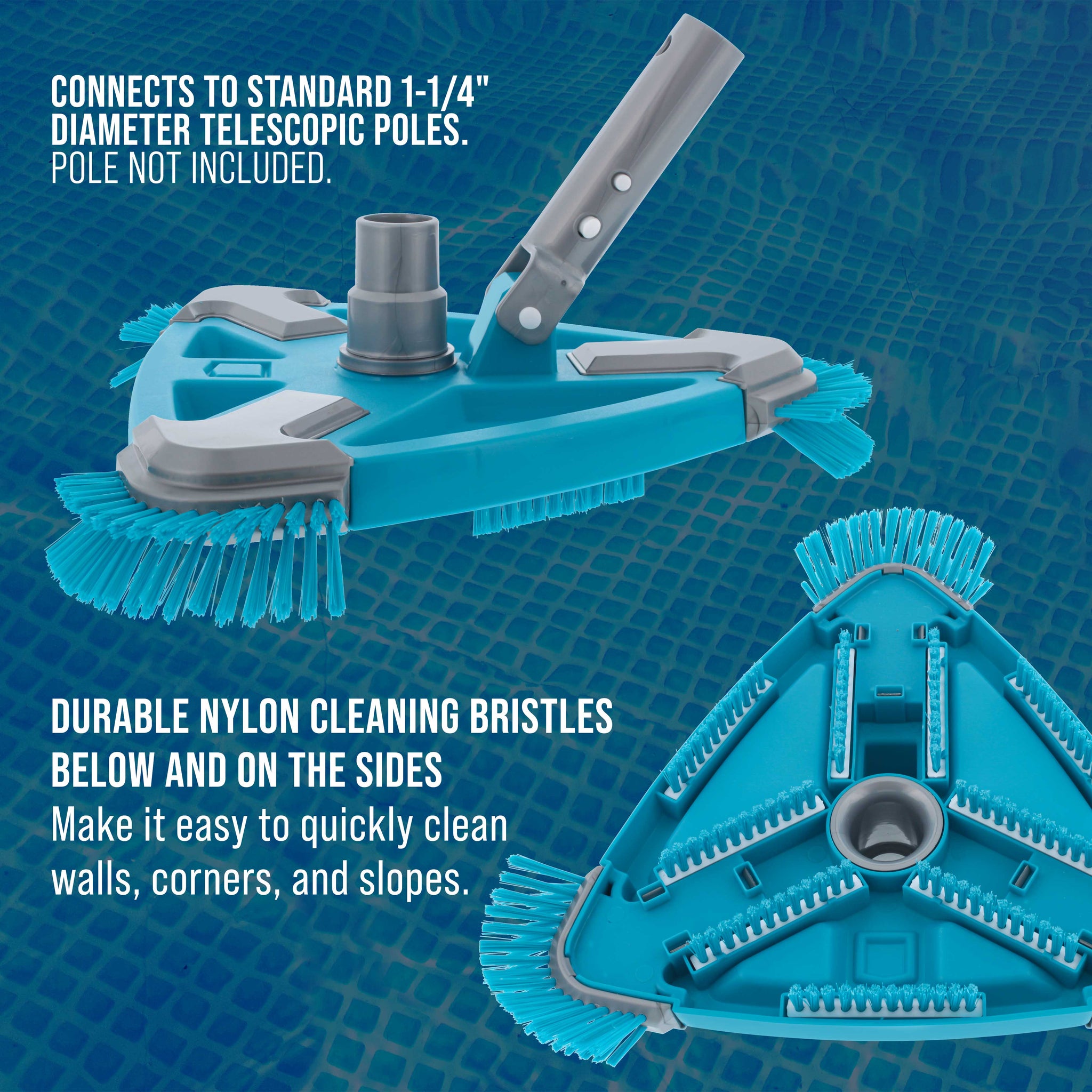 Deluxe Weighted Triangular Pool Vacuum Head with Side Brushes, Swivel Connection, EZ Clip Handle - For Above Ground & In-ground Pools