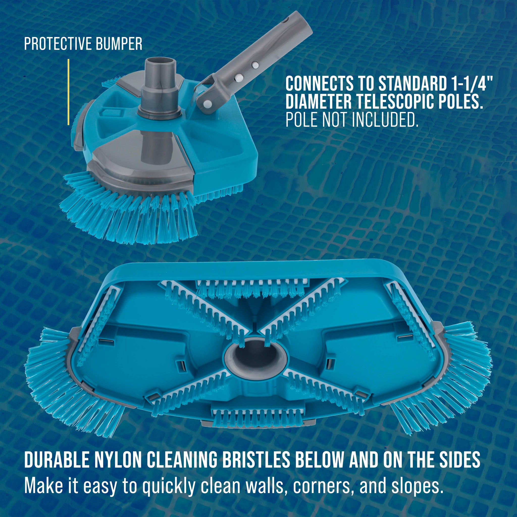 Deluxe Weighted Pool Vacuum Head with Side Brushes, Swivel Connection, EZ Clip Handle - For Above Ground & In-ground Swimming Pools