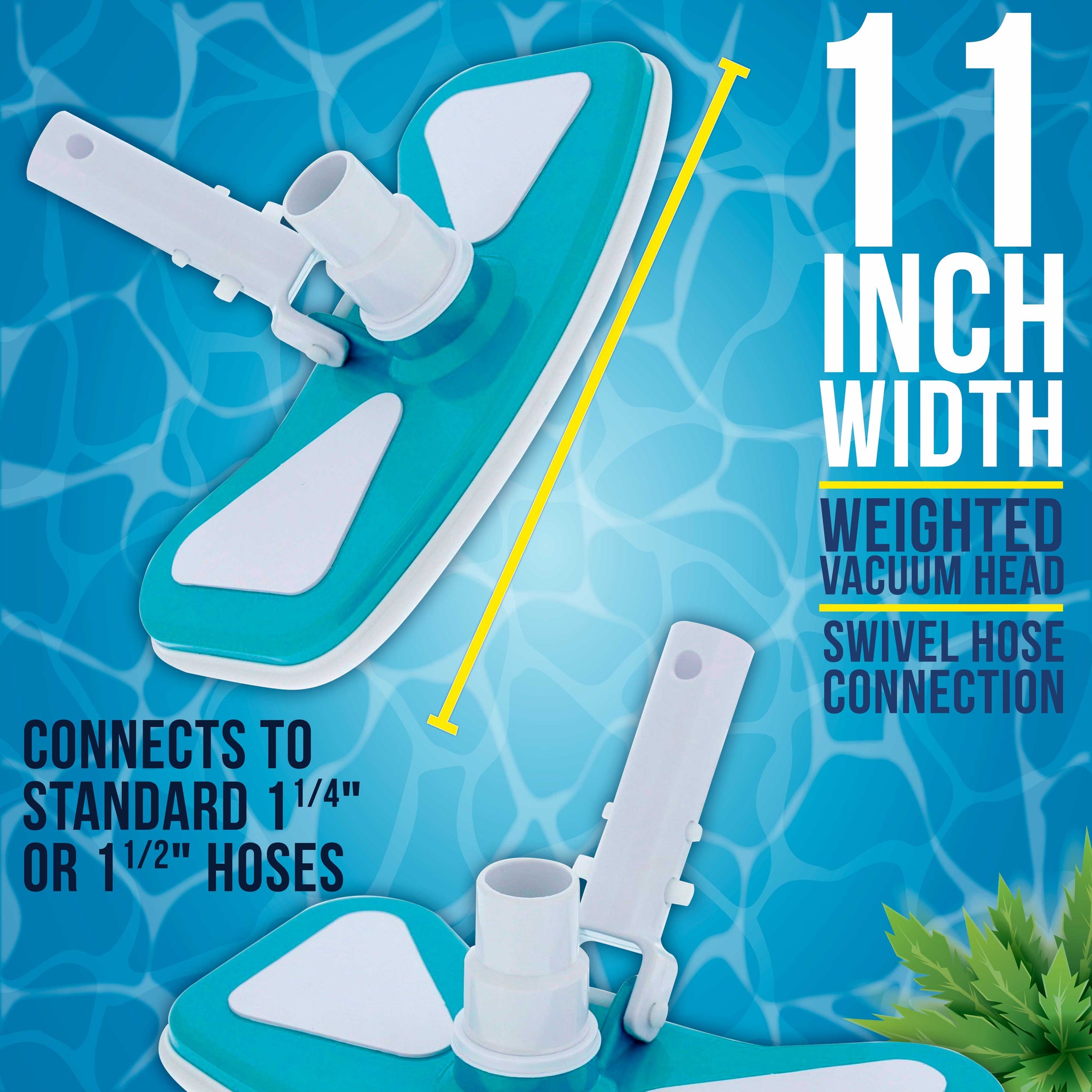 11" Weighted Butterfly Pool Vacuum Head with Swivel Hose Connection & EZ Clip Handle - Connect 1-1/4" or 1-1/2" Hose - Removes Debris, Cleans Floors
