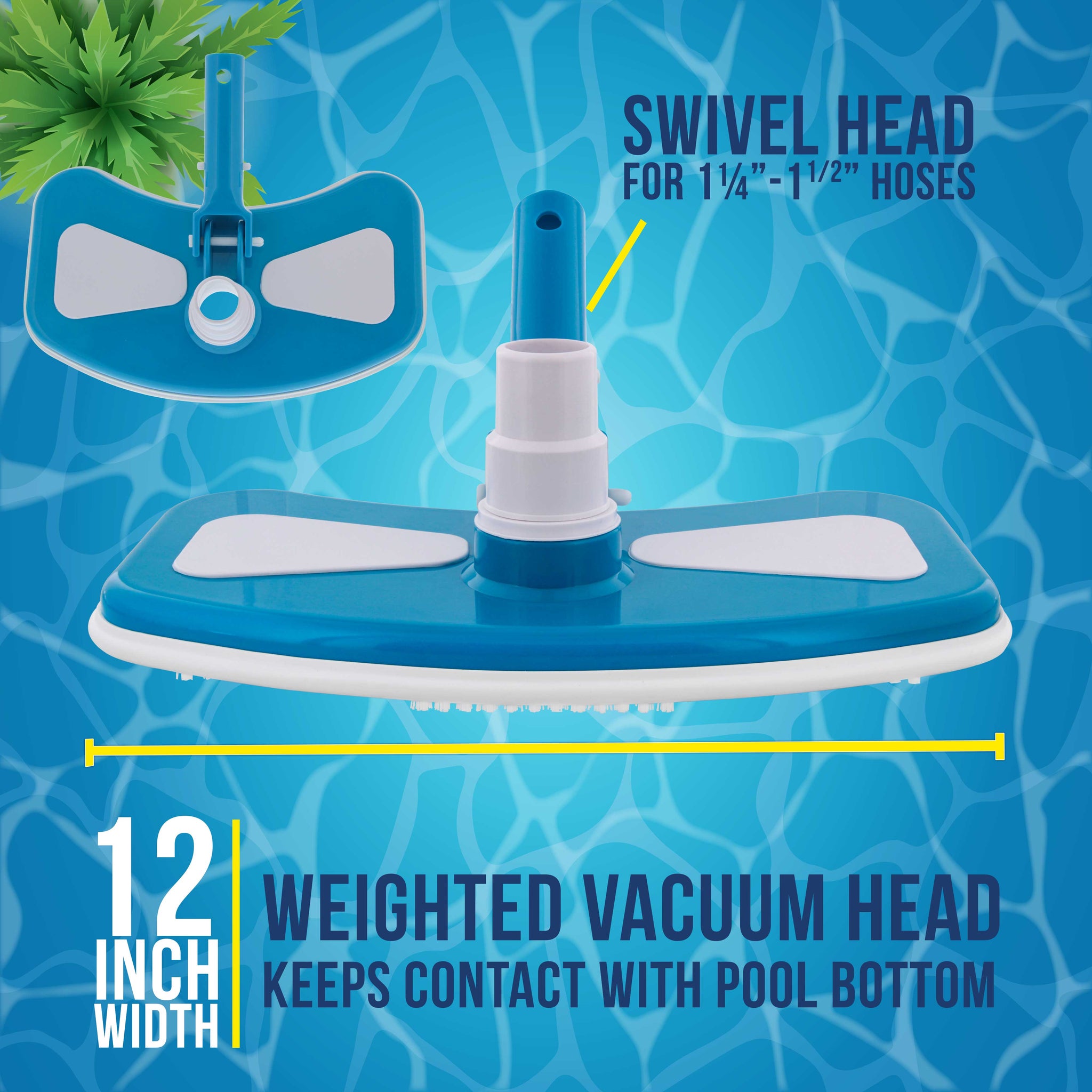 12" Deluxe Weighted Butterfly Pool Vacuum Head, Swivel Hose Connection - Clean Above Ground, In-Ground Pools, Spas – Vinyl Liner Safe