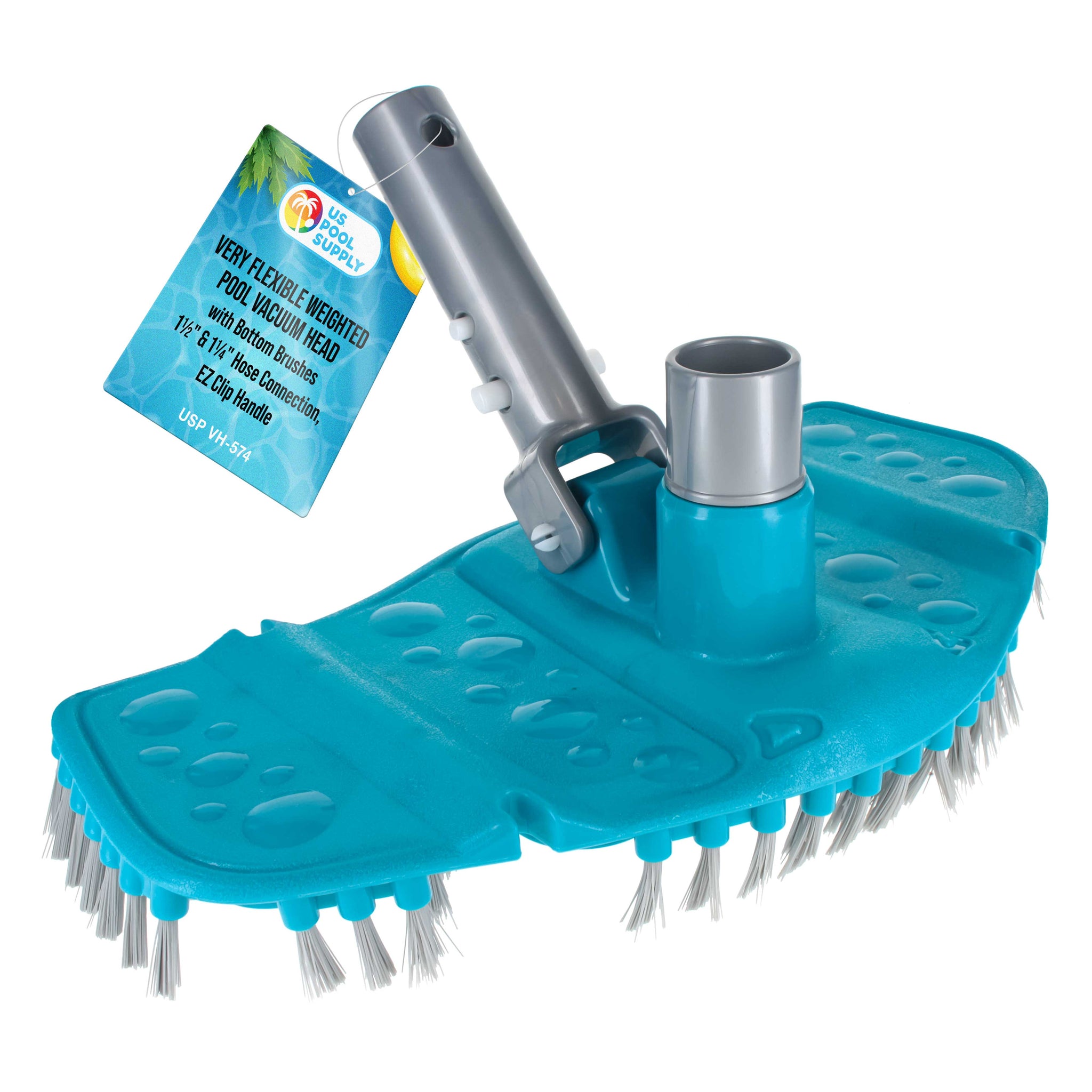 Very Flexible Weighted Pool Vacuum Head with Bottom Brushes, Swivel Connection, EZ Clip Pole Handle, Above-Ground & Inground Pools