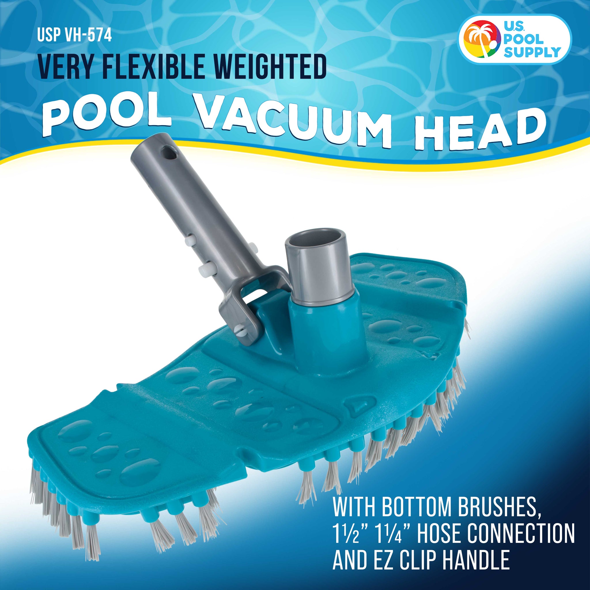 Very Flexible Weighted Pool Vacuum Head with Bottom Brushes, Swivel Connection, EZ Clip Pole Handle, Above-Ground & Inground Pools
