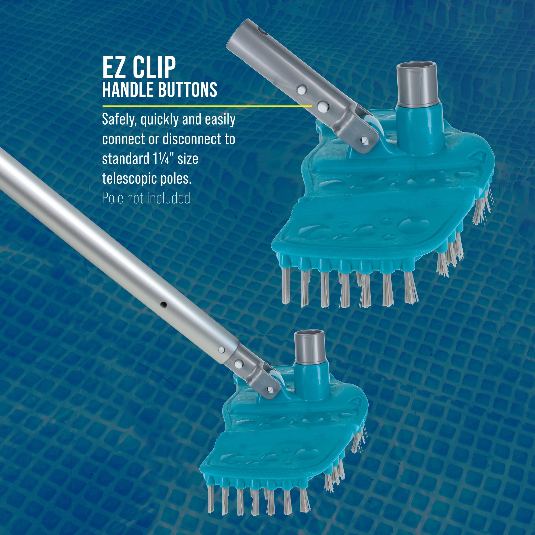 Very Flexible Weighted Pool Vacuum Head with Bottom Brushes, Swivel Connection, EZ Clip Pole Handle, Above-Ground & Inground Pools