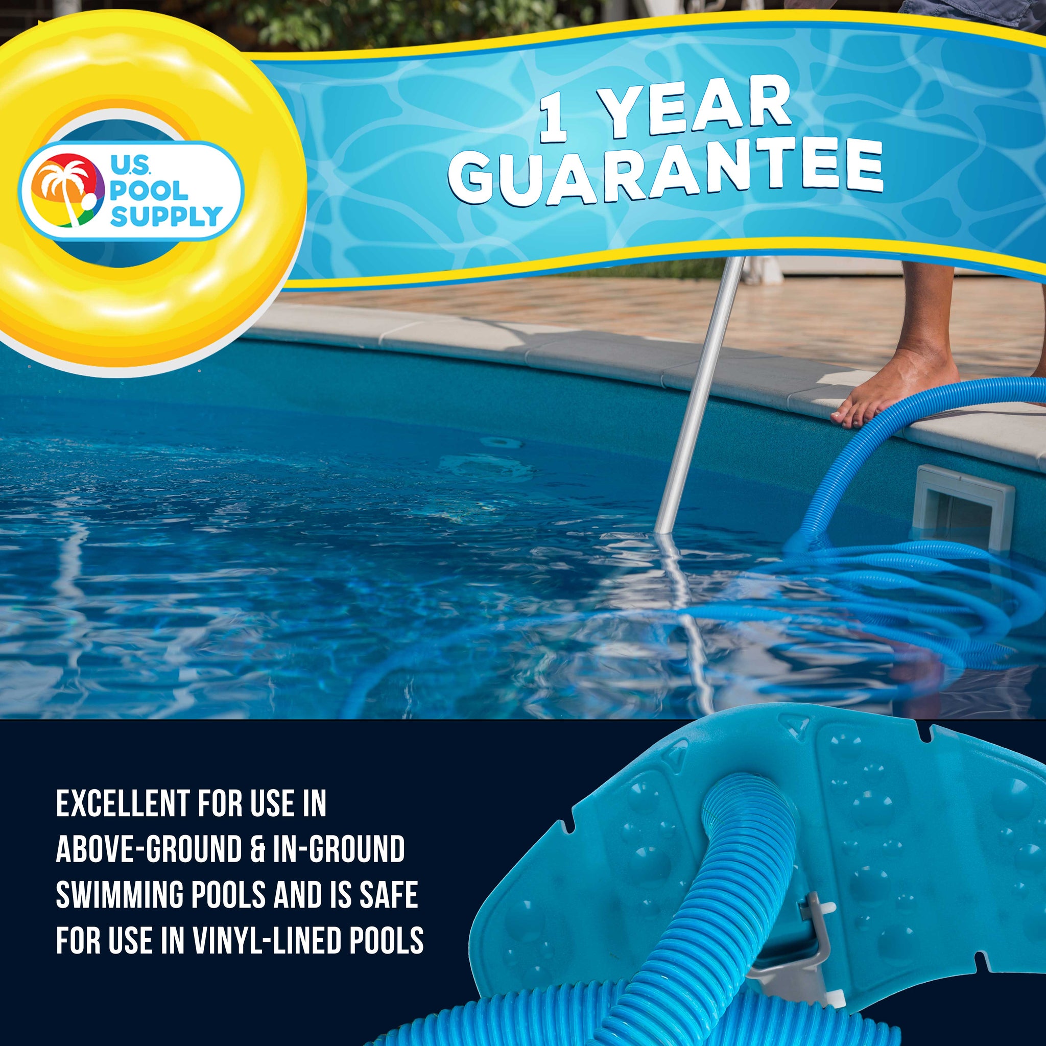 Very Flexible Weighted Pool Vacuum Head with Bottom Brushes, Swivel Connection, EZ Clip Pole Handle, Above-Ground & Inground Pools