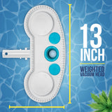13" Weighted Pool Vacuum Head with Nylon Bristles, Swivel Hose Connection, EZ Clip Handle - Connect 1-1/4" or 1-1/2" Hose - Cleans & Remove Debris