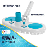 13" Weighted Pool Vacuum Head with Nylon Bristles, Swivel Hose Connection, EZ Clip Handle - Connect 1-1/4" or 1-1/2" Hose - Cleans & Remove Debris
