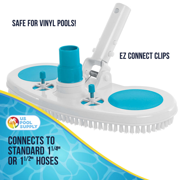U.S. Pool Supply® 13" Weighted Pool Vacuum Head with Nylon Bristles, Swivel Hose Connection, EZ Clip Handle - Connect 1-1/4" or 1-1/2" Hose - Cleans & Remove Debris